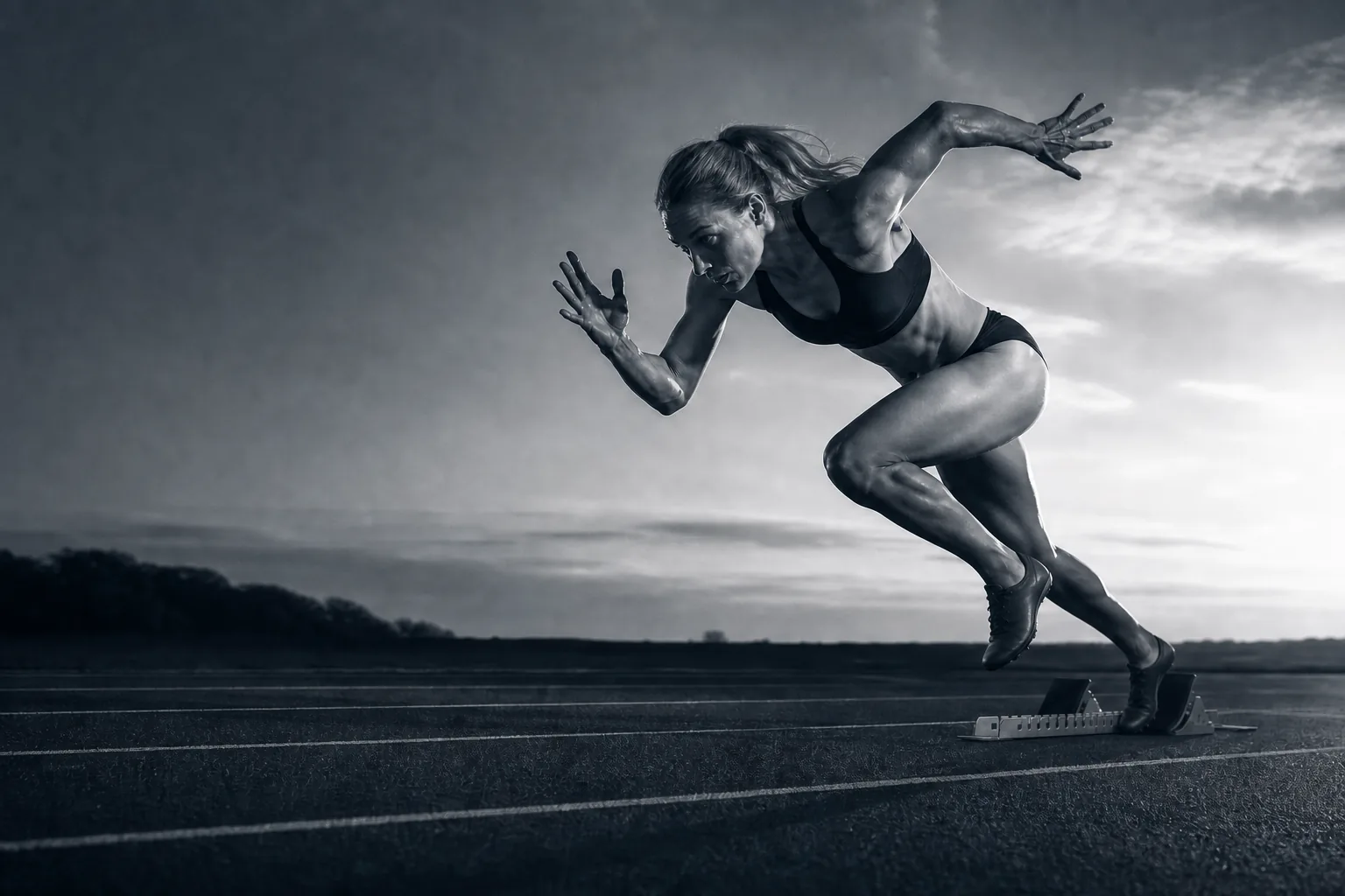 Sprinterin im Startblock auf einer Laufbahn